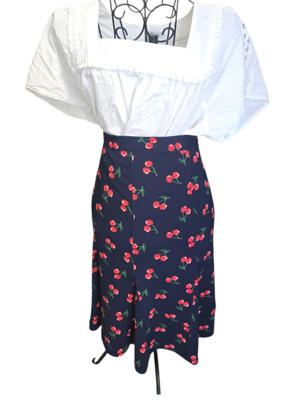 Navy Cherry Print A-Line Skirt
